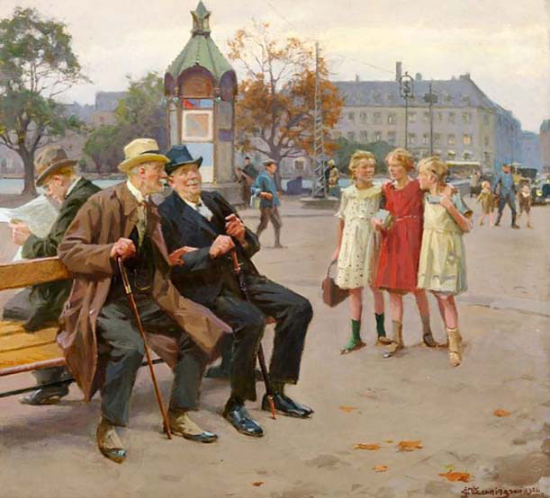 Old Schoolmates Sitting on a Bench at Lille Triangel 